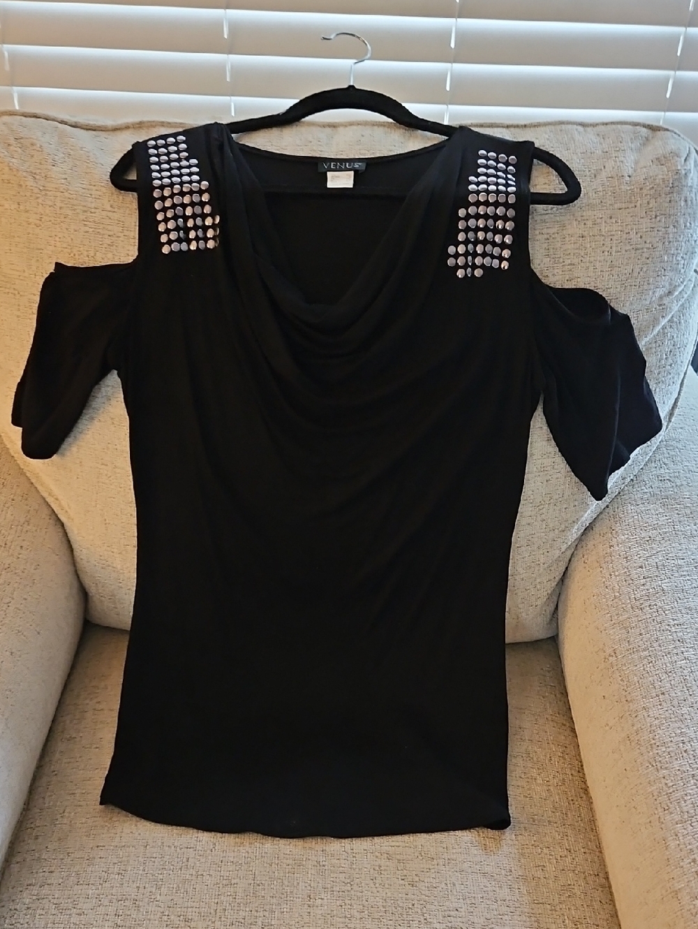 Venus Black Cold-Shoulder Top with Studded Shoulders